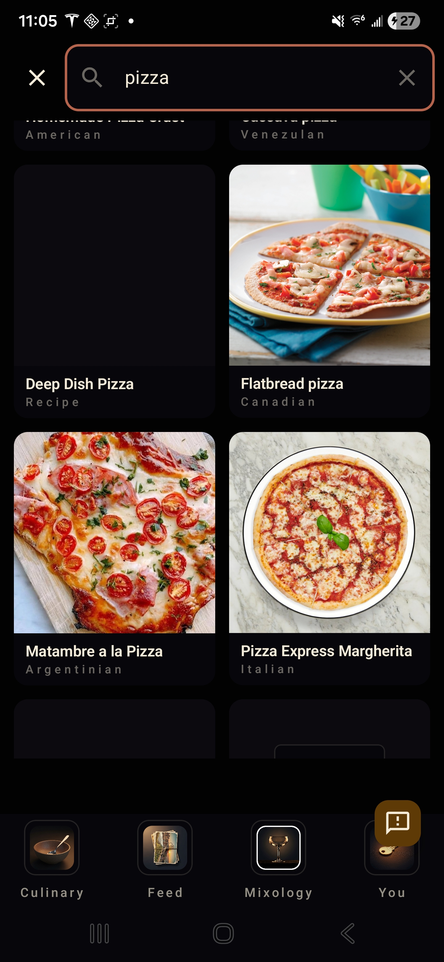 Search results for pizza — recipe cards for Deep Dish, Flatbread, Matambre a la Pizza, Pizza Express Margherita
