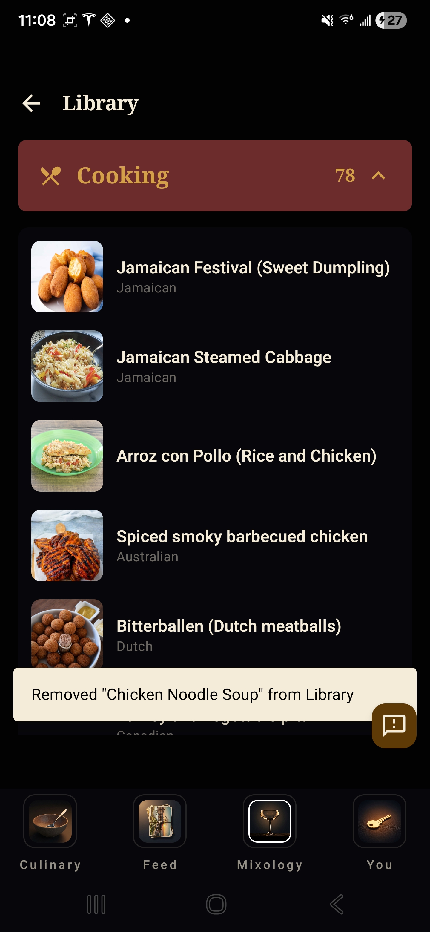 Library with Cooking section expanded — 78 recipes including Jamaican Festival, Steamed Cabbage, Arroz con Pollo, Bitterballen