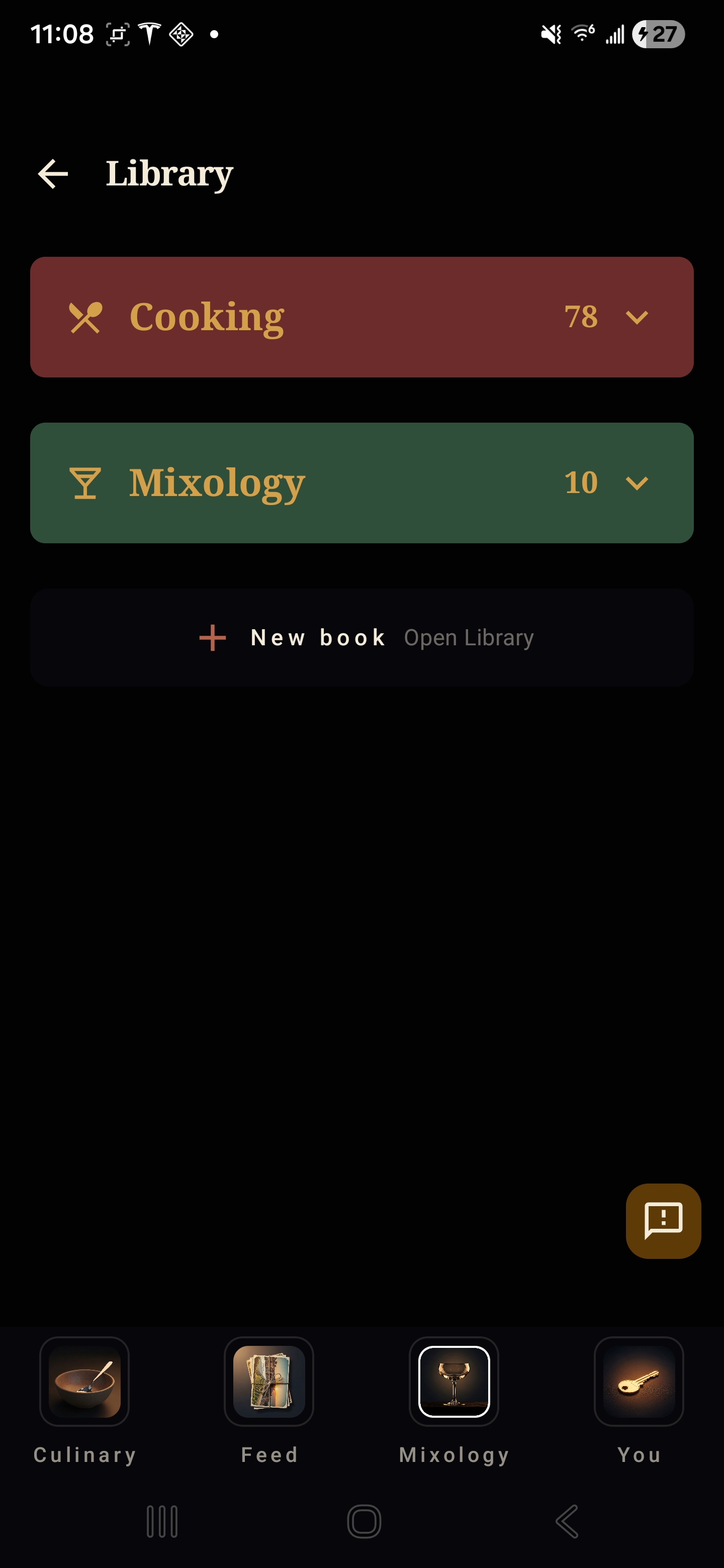 Library — Cooking 78 recipes, Mixology 10 recipes, plus a New book / Open Library row